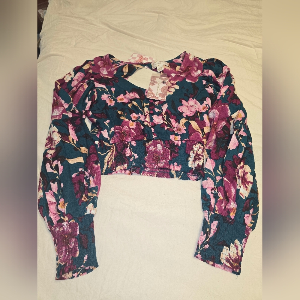 NWT Free People Floral Long Sleeve Crop Top, Small